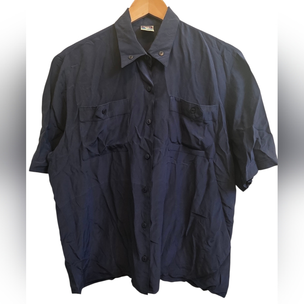Yessica 100% Silk Vintage 1990s Navy Blue Short Sleeve ButtonUp Blouse Sz 38 EUC